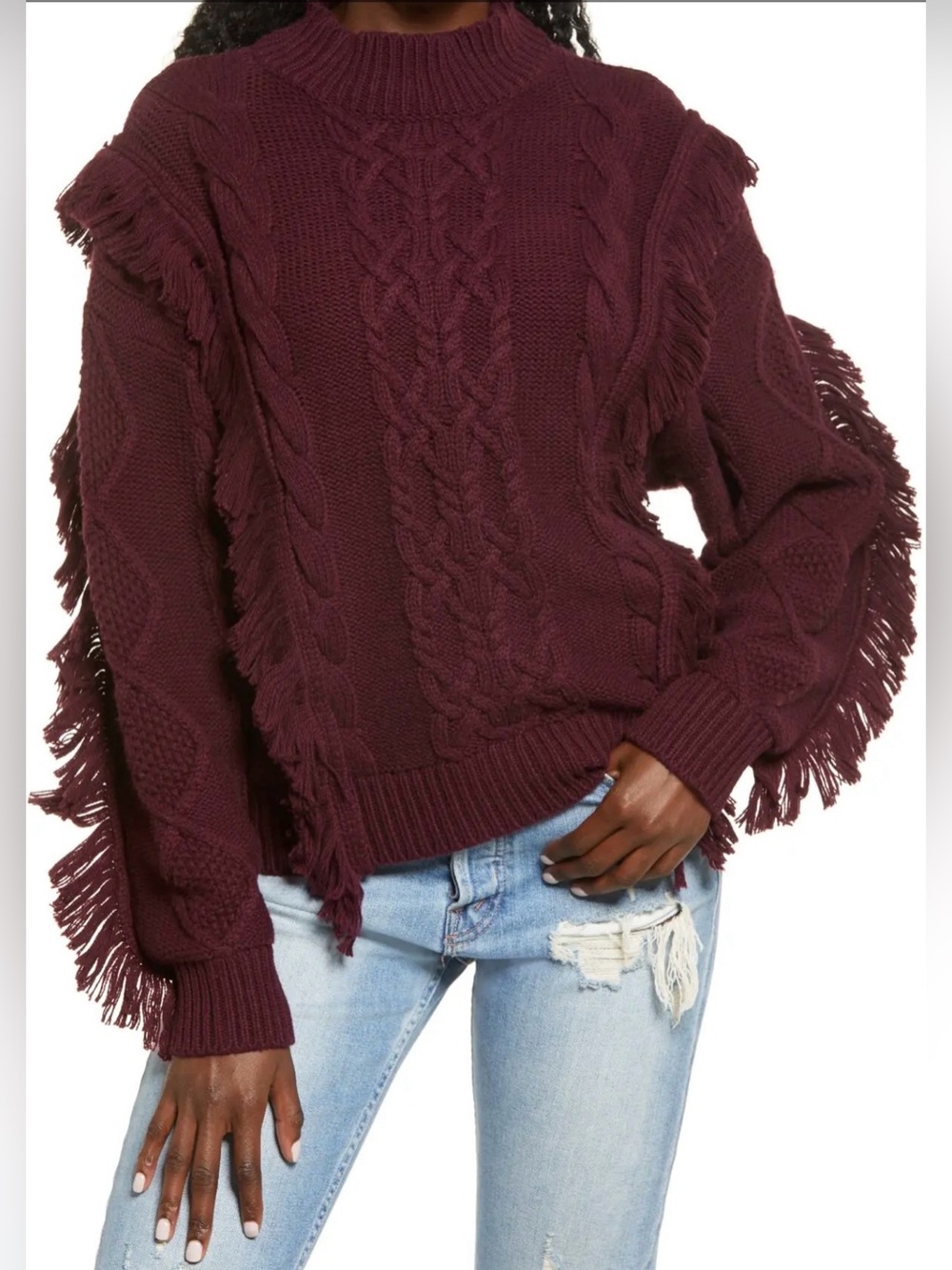 Leith Burgundy Cable Knit Fringe Turtleneck Sweater XS NWT